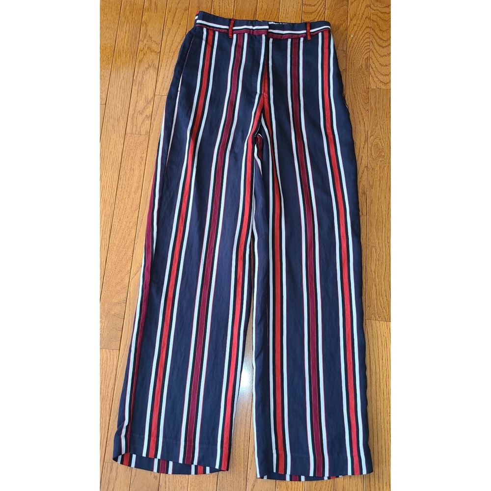 H&M Striped Dress Pants Straight Wide Leg Womens (Size 6) Elastic Waist Red Blue